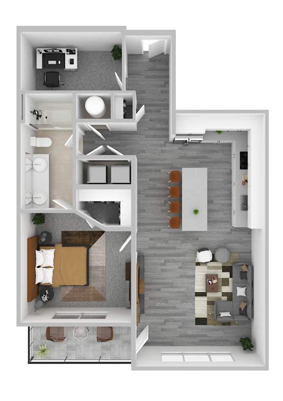 A top-down view of a modern apartment layout with a kitchen, living room, and bedrooms.