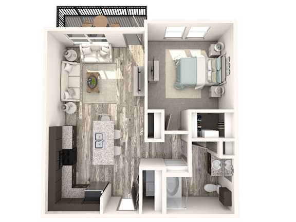 Floor Plan  A 3D floor plan of a small apartment with a kitchen, living room, and bathroom.