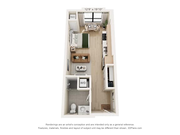 A 3D floor plan of a small apartment with a kitchen, living room, and bathroom.