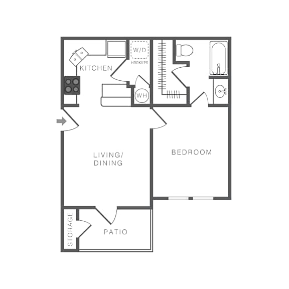A black and white image of a floor plan for a house with a kitchen, living/dining area, bedroom, patio, and storage.