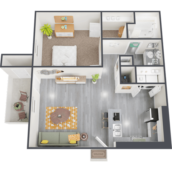 Floor Plan  A 3D floor plan of a house with a living room, kitchen, and two bedrooms.