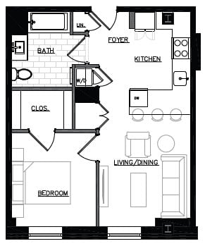 a floor plan of a small house with a kitchen and a living room