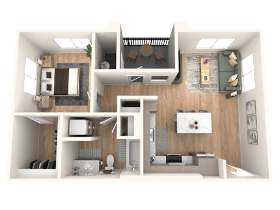 A 3D floor plan of a house showing a living room, kitchen, and two bedrooms.