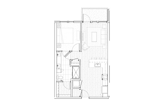 A floor plan of a house with a kitchen, living room, and two bedrooms.