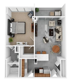 Spacious one-bedroom apartment floor plan at Idlewild 45 Apartments in Midtown Memphis with open layout and private living space