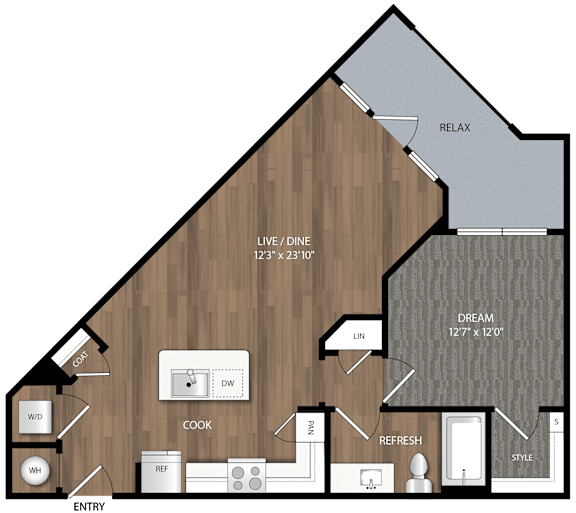 A floor plan of a house with a living room, dining room, kitchen, and bathrooms.