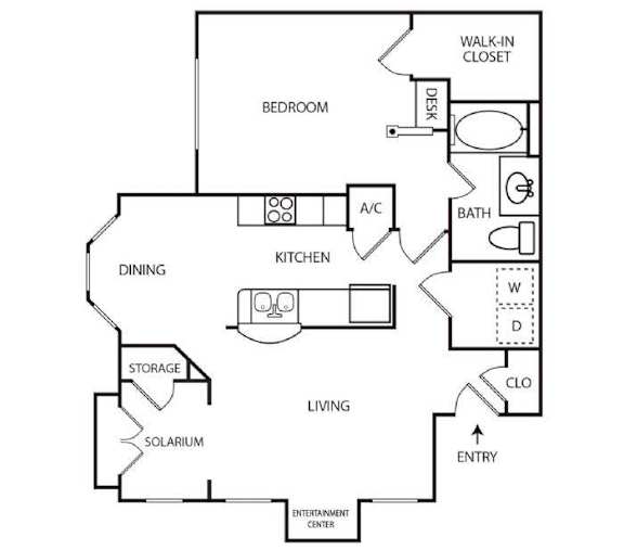 A black and white floor plan of a house with a living room, dining room, kitchen, bedroom, bathroom, and walk-in closet.