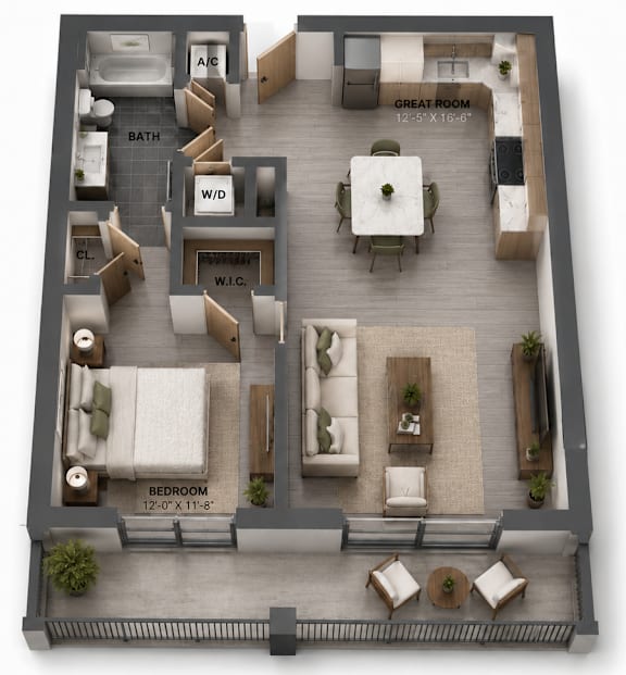 A floor plan of a small apartment with a French balcony.
