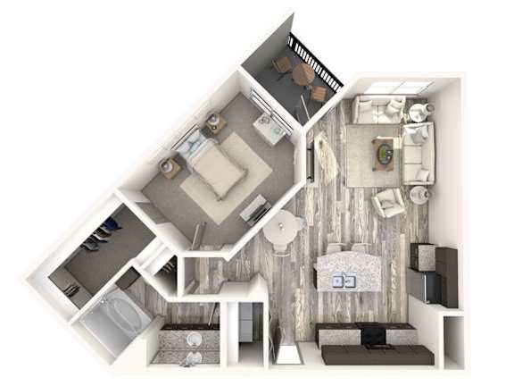 Floor Plan  A top down view of a small apartment with a kitchen, living room, and bathroom.