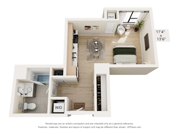A floor plan of a small apartment with a kitchen, living room, and bathroom.