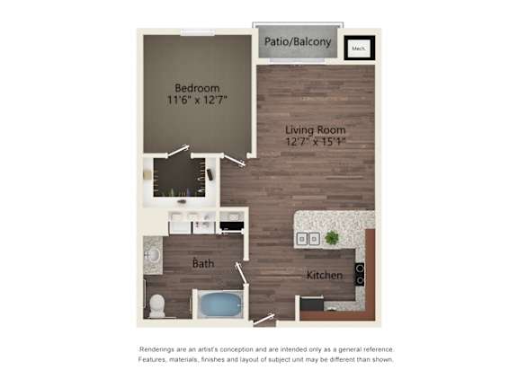 A floor plan of a room with a bedroom, living room, kitchen, bath, and patio/balcony.