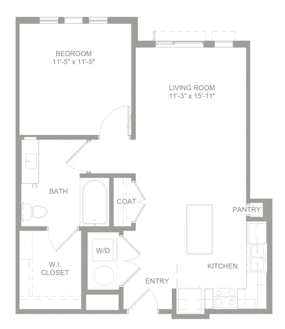A floor plan of a house with a bedroom, living room, bathroom, kitchen, pantry, coat, and w/d.