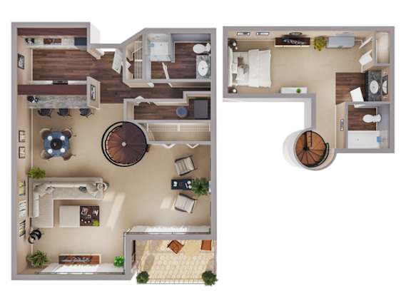 A top down view of a small apartment with a living room, kitchen, and bedroom.