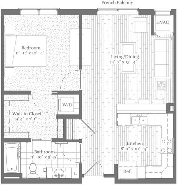 A floor plan of a French Balcony apartment layout.
