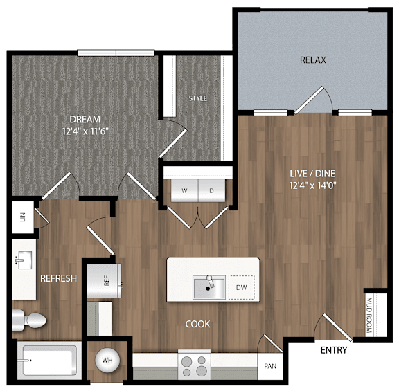 A floor plan of a house with a living room, dining room, kitchen, and bathroom.