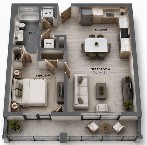 A4 one-bedroom apartment floor plan at MB Station in Miami, FL featuring an expansive great room, modern kitchen, private bedroom, full bath, and outdoor living area. Pet-friendly apartments near The Roads and Brickell.
