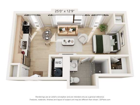 A 3D floor plan of a small apartment with a kitchen, living room, and bathroom.