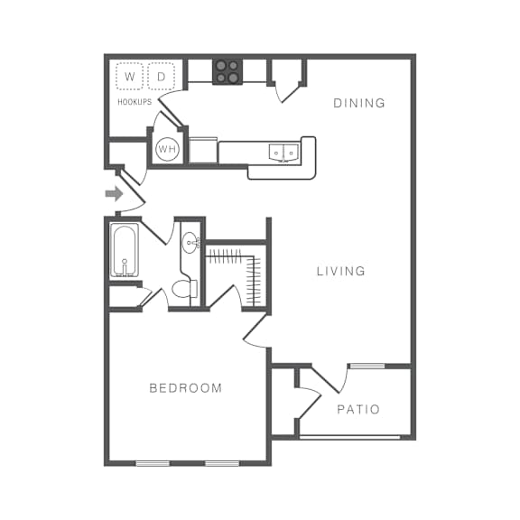 A black and white image of a floor plan of a house with a dining area, living area, bedroom, and patio.