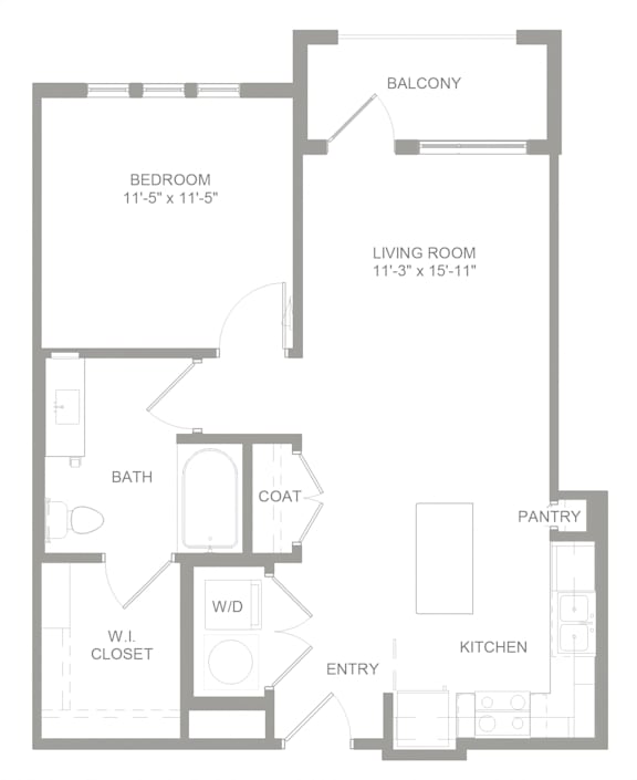 A floor plan of a small apartment with a bedroom, living room, kitchen, bathroom, closet, coat area, pantry, and entry.