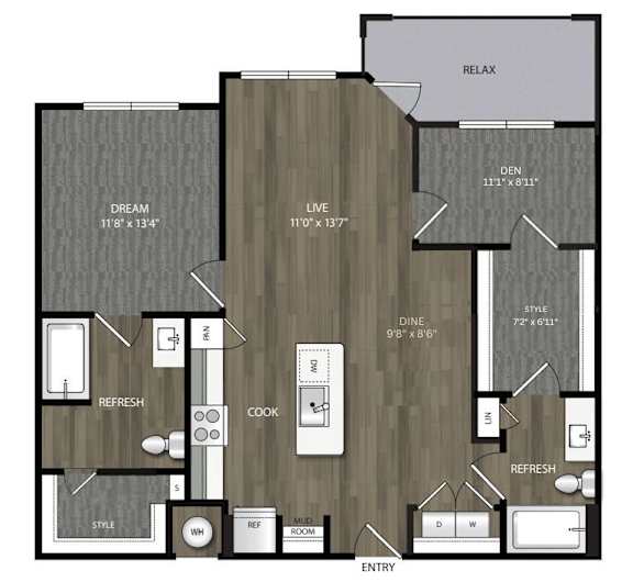 A floor plan of a house with a living room, dining room, kitchen, and two bathrooms.