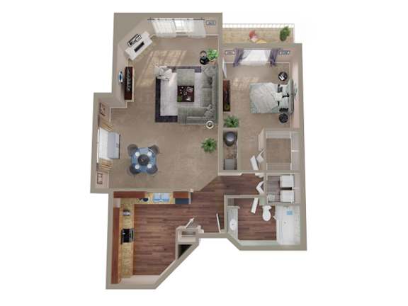 A top-down view of a house layout with a living room, kitchen, and bedrooms.