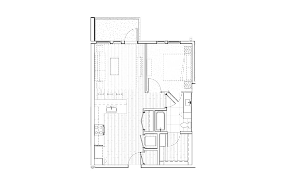 A floor plan of a house with a kitchen, living room, and two bedrooms.