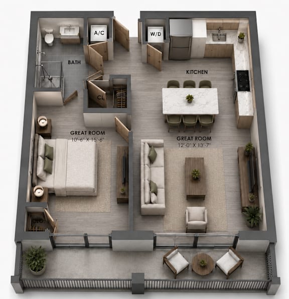 A5 one-bedroom apartment floor plan at MB Station apartments in Miami featuring an open-concept living and dining space, modern kitchen, spacious bedroom, full bathroom, and balcony. Apartments near Coral Way, Shenandoah, and Coconut Grove.