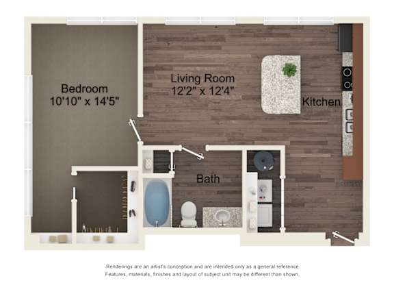 A floor plan of a small apartment with a bedroom, living room, kitchen, and bathroom.