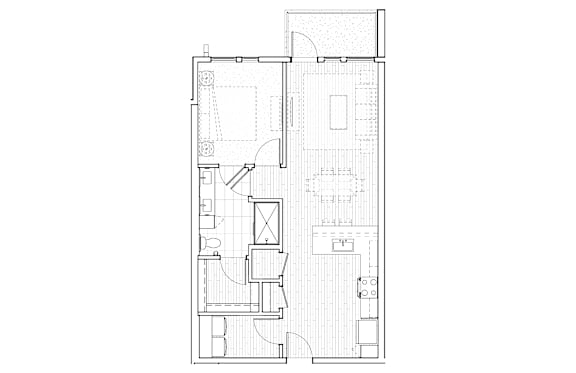 A black and white floor plan of a house with a kitchen, living room, and bathrooms.