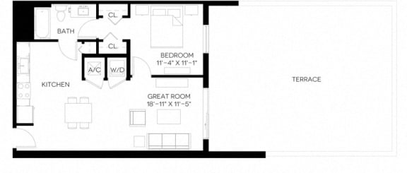1 Bed 1 Bath 728 square feet floor plan A6-A