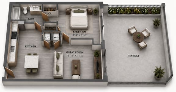 A6 one-bedroom apartment floor plan at MB Station apartments featuring an open great room, modern kitchen, spacious bedroom, full bathroom, and private balcony. Apartments for rent in Miami near Silver Bluff and Coconut Grove.