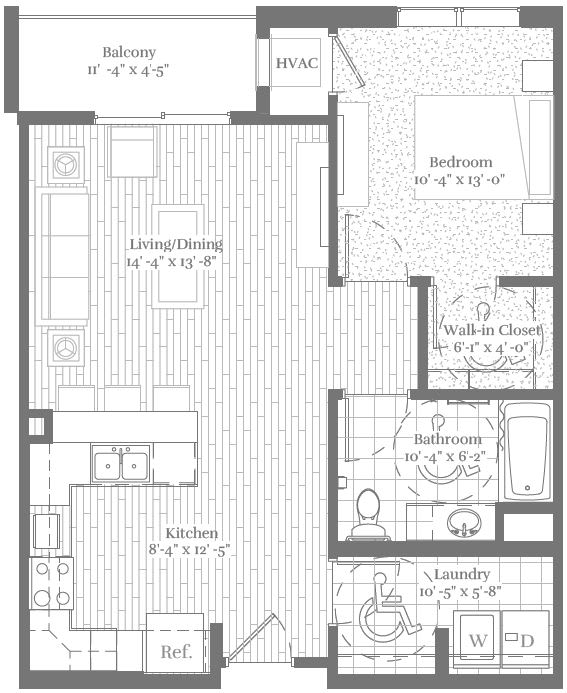 A floor plan of a house with a balcony, living/dining area, kitchen, bathroom, bedroom, wall-in closet, and laundry room.