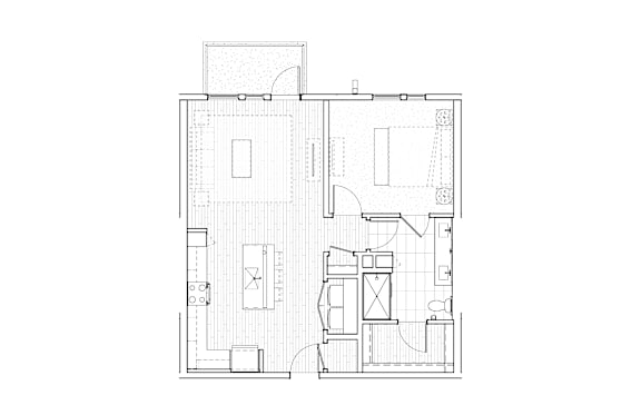 A floor plan of a house with a kitchen, living room, and two bedrooms.