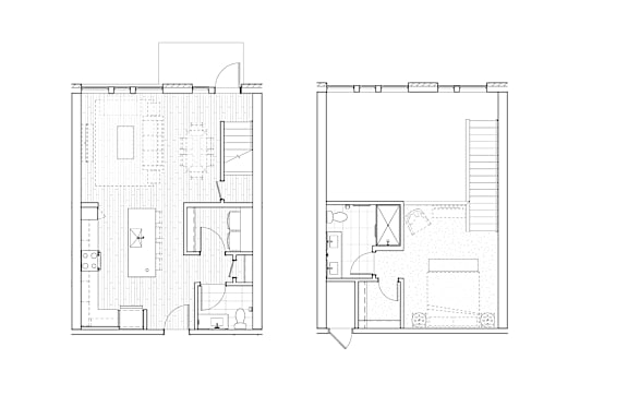 Two floor plans of a house with a kitchen, living room, and bedrooms.