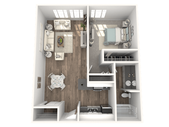 A 3D rendered image of a small apartment layout.