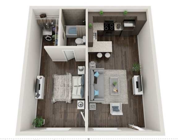 A top-down view of a small apartment with a living room, kitchen, and bathroom.