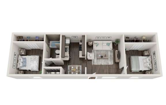 A floor plan of a house with a kitchen, living room, and two bedrooms.