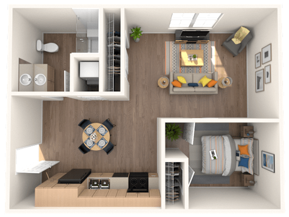 A 3D rendered image of a small apartment layout.