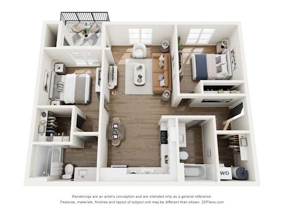 A 3D floor plan of a small apartment with a kitchen, living room, and bathroom.