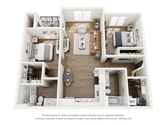 A 3D floor plan of a small apartment with a kitchen, living room, and bedroom.