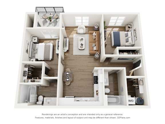 A 3D floor plan of a small apartment with a kitchen, living room, and bathroom.