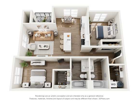 A 3D floor plan of a two-bedroom apartment with a living room, kitchen, and bathroom.