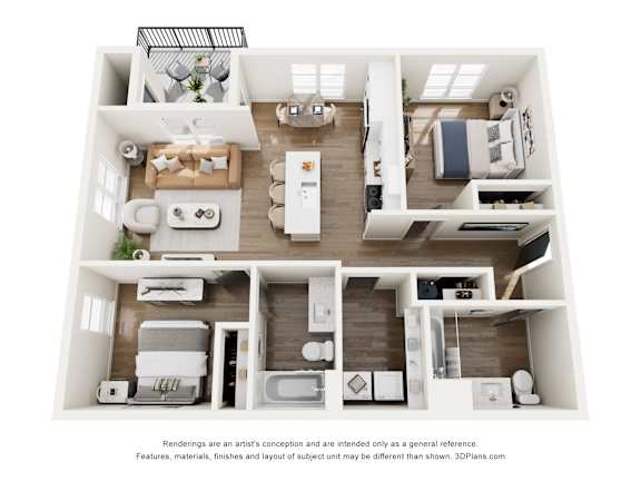 A 3D floor plan of a house with a kitchen, living room, bedrooms and bathrooms.