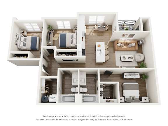 A 3D floor plan of a house with labeled rooms.