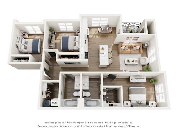 A 3D floor plan of a house with a living room, dining room, kitchen, and two bedrooms.