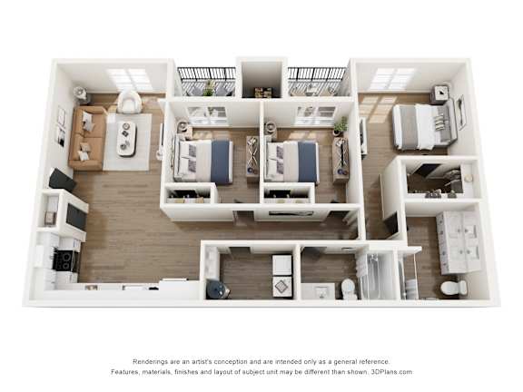 A 3D floor plan of a house with a kitchen, living room, and two bedrooms.