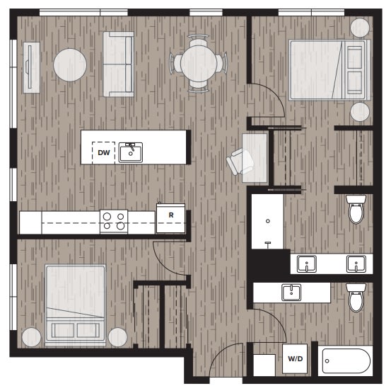 2 bed 2 bath floor plan D at Riverfront Everett, Everett, Washington