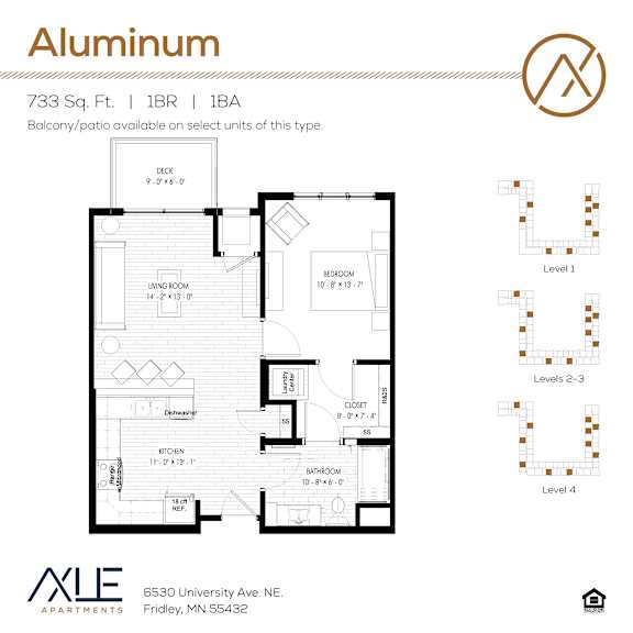 A floor plan for an Aluminum apartment with a balcony and patio available on select units.