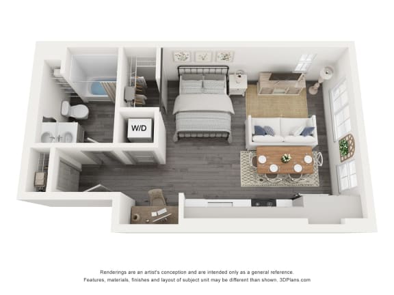 this is a 3d floor plan of a 757 square foot 1 bedroom apartment at the