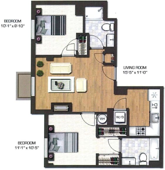 A floor plan of a house with two bedrooms and a living room.